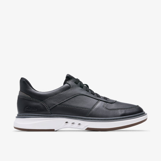 Black leather sneaker with white sole and black laces.