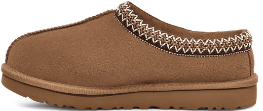 Brown slipper with decorative trim.