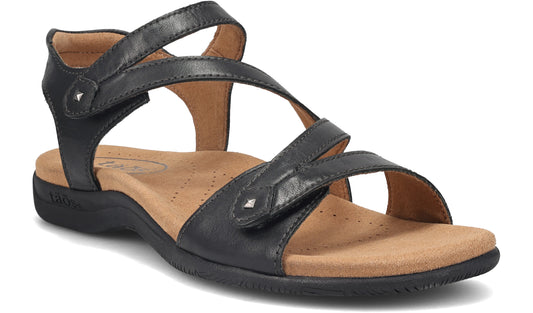 Black leather sandal with adjustable straps and buckle.