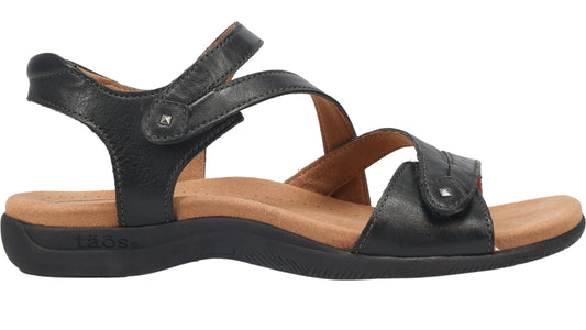 Black sandal with multiple straps and a low, dark sole.