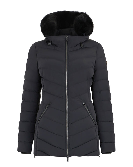 Black down coat with hood trimmed with faux fur.