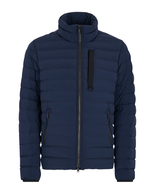 Navy blue puffer jacket with a front zipper.