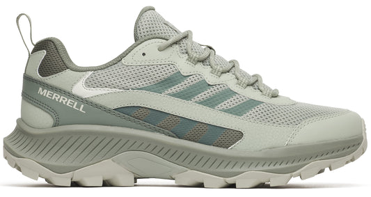 A light sage green athletic hiking sneaker featuring mesh upper panels, synthetic overlays, a padded collar, a thick treaded sole, and the word MERRELL printed on the side.