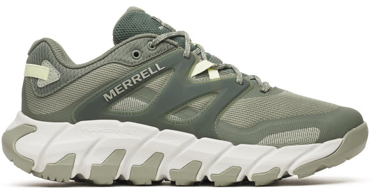 Low profile olive green athletic shoe with white sculpted zig zag sole, visible brand text