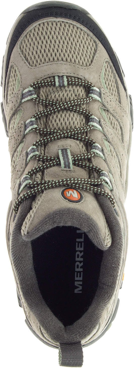 Tan hiking shoe featuring a mesh upper and striped laces.