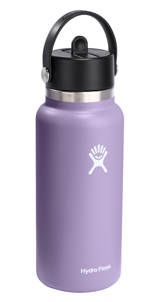 Lilac water bottle with black lid, handle, and white logo.