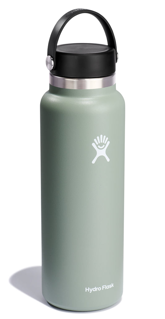 Sage-colored insulated water bottle with black lid and handle, featuring a white hand logo and
