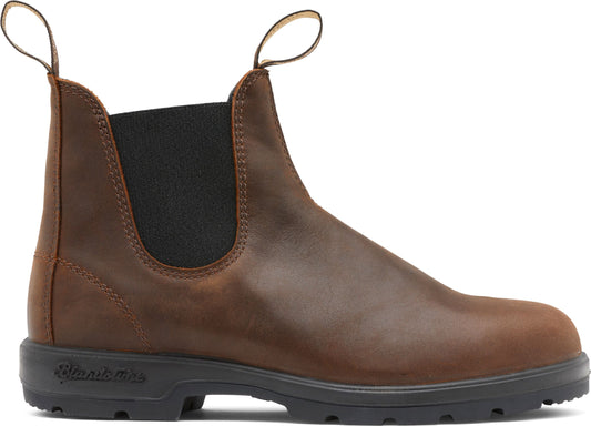 A brown leather Chelsea boot with black elastic side panels, black sole, and loops at the top of the boot shaft.