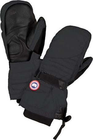 Pair of black mittens, one showing a circular logo.