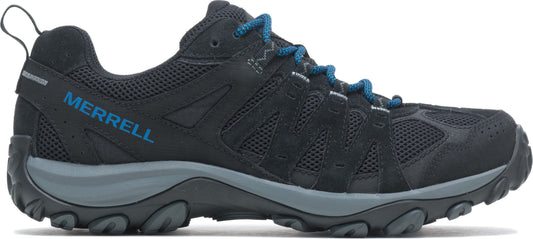 A black hiking shoe with blue laces.