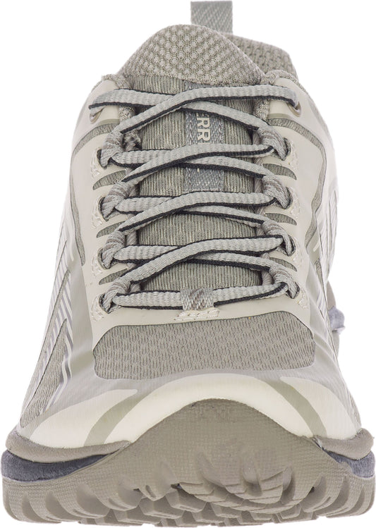 Gray athletic shoe with laces, close-up view.