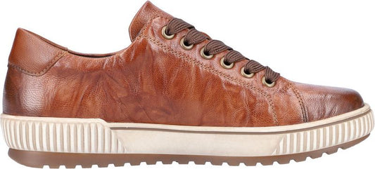 A brown leather sneaker with brown laces and a white and brown sole.