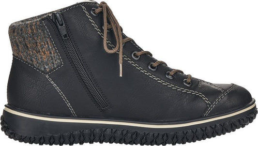 Black ankle boot with brown laces and side zipper.