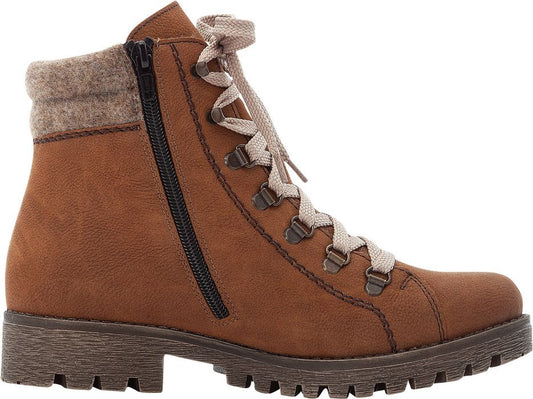 Brown ankle boot with a lug sole, side zipper, and lace-up closure.