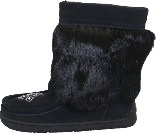 Black suede boot with furry collar and toe design.