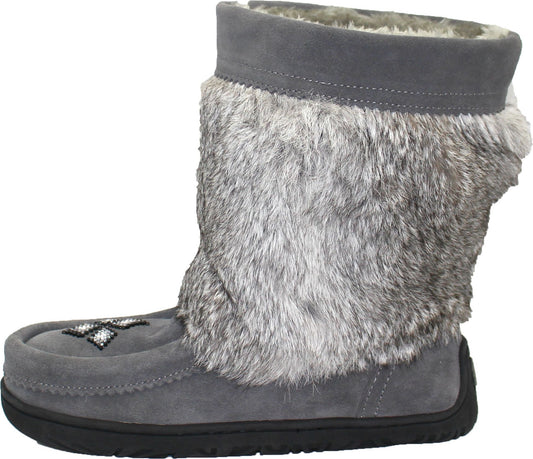 Gray, mid-calf moccasin-style boot with fur trim and beaded design.