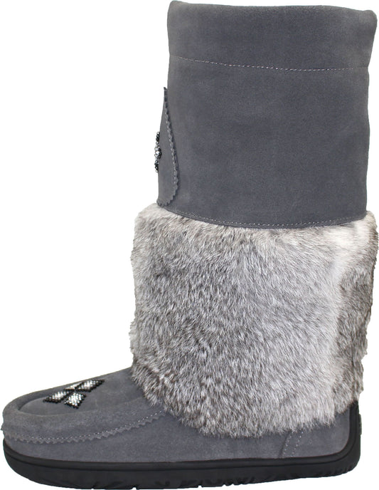 Grey suede boot with fur trim and beaded embellishments.