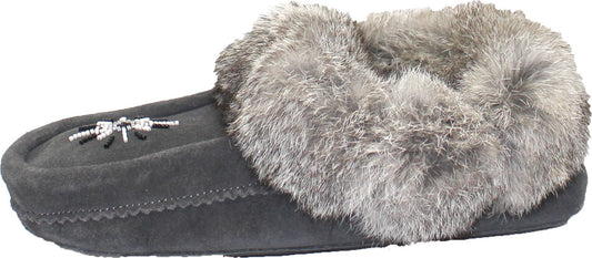 A grey moccasin slipper with a grey fur trim and beaded detailing.