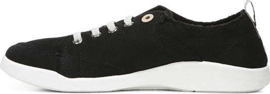 A black sneaker with white laces and a white sole.