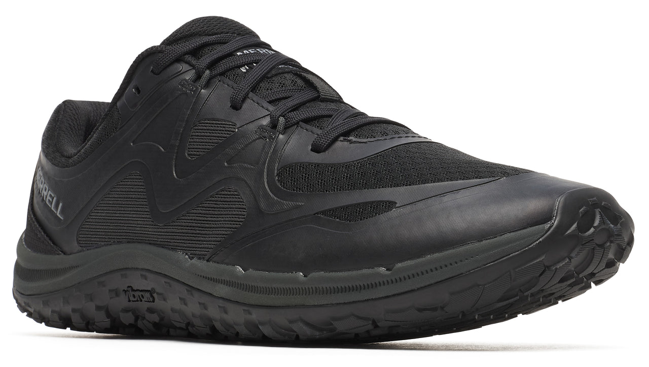 A black running shoe with a black sole, black laces and visible mesh in the upper