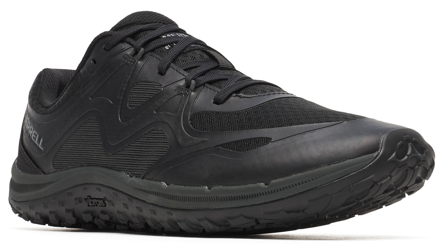 A black running shoe with a black sole, black laces and visible mesh in the upper