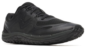 A black running shoe with a black sole, black laces and visible mesh in the upper