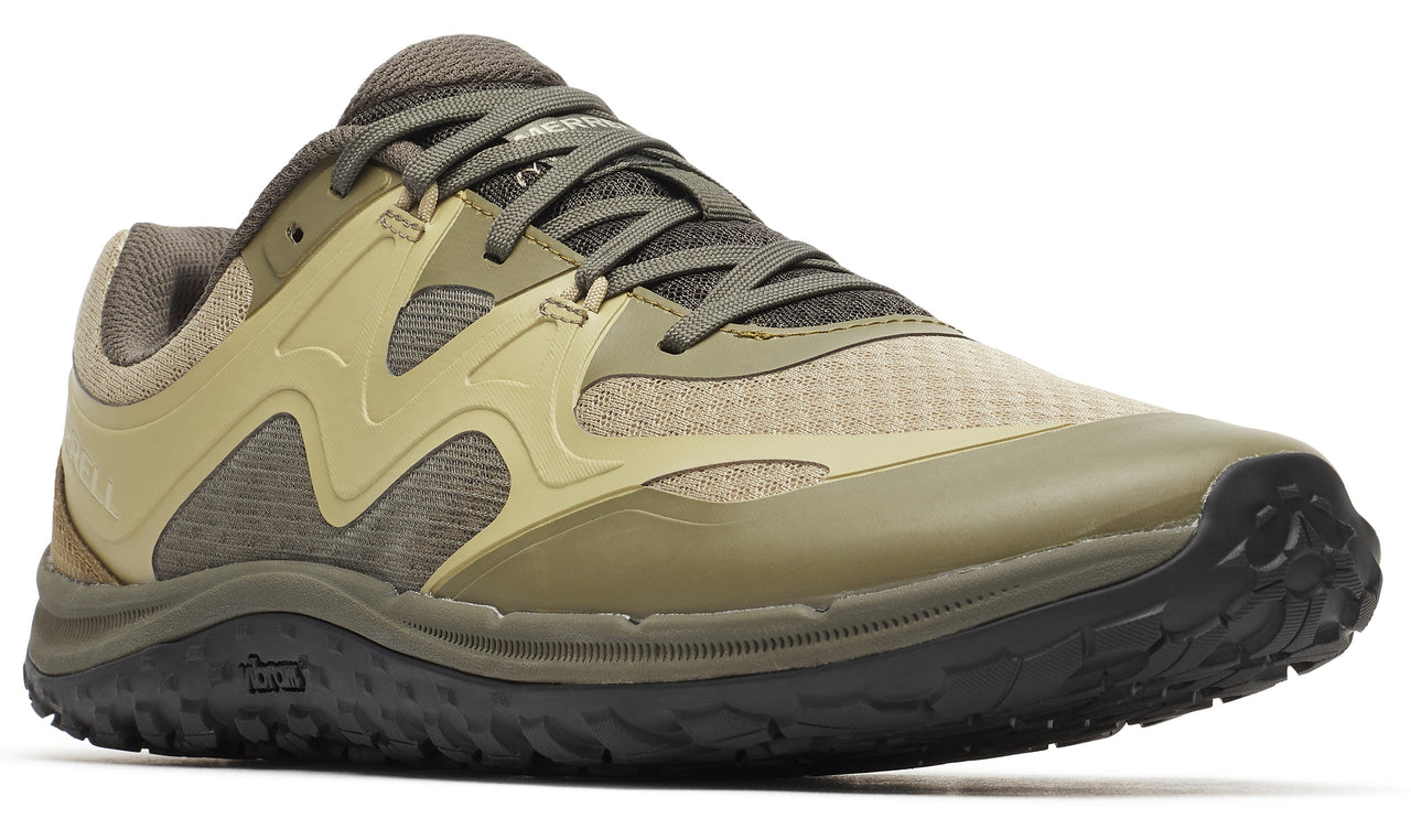Olive green running shoe with textured black sole.