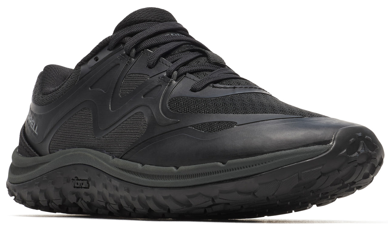Black running shoe with treaded sole and lace-up closure.