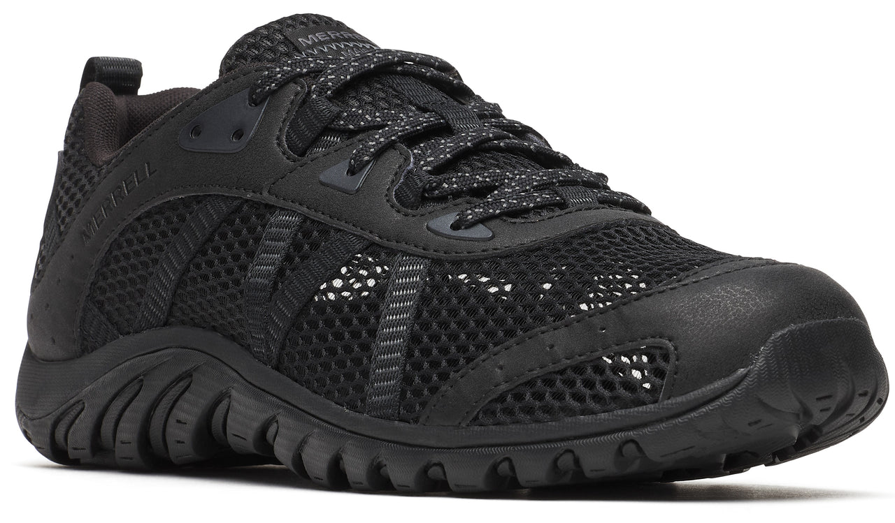 A black athletic shoe with a black sole, black mesh upper, and black laces.