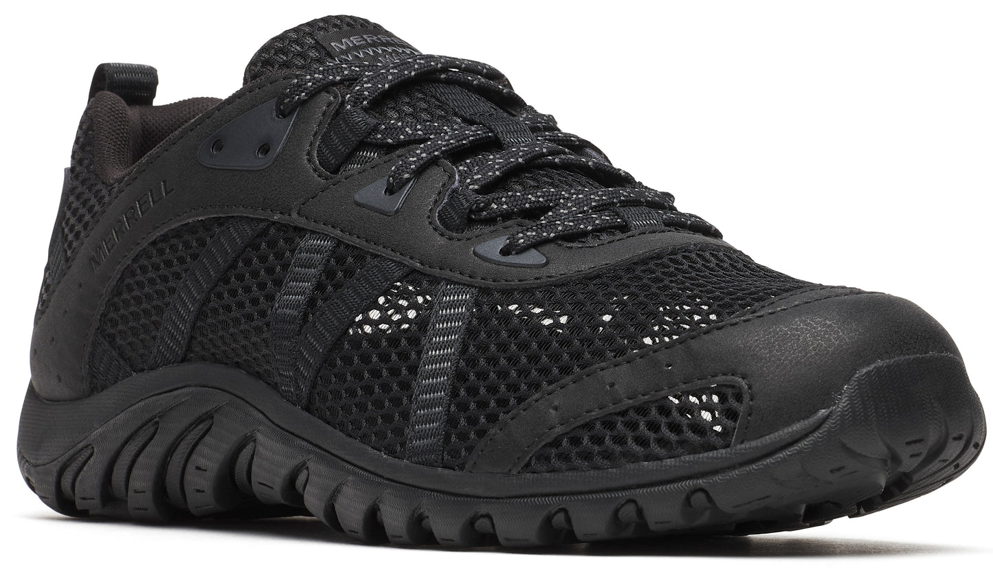 A black athletic shoe with a black sole, black mesh upper, and black laces.