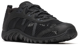 A black athletic shoe with a black sole, black mesh upper, and black laces.