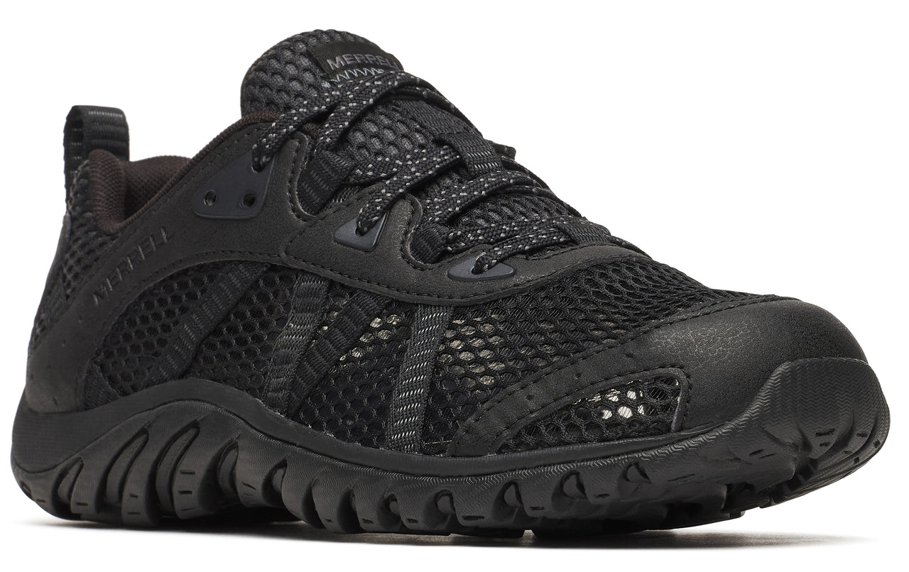 A black mesh trail shoe with patterned laces.