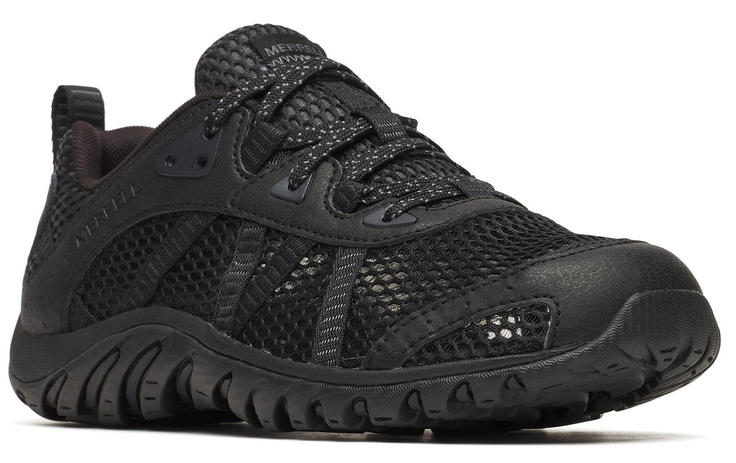 A black mesh trail shoe with patterned laces.