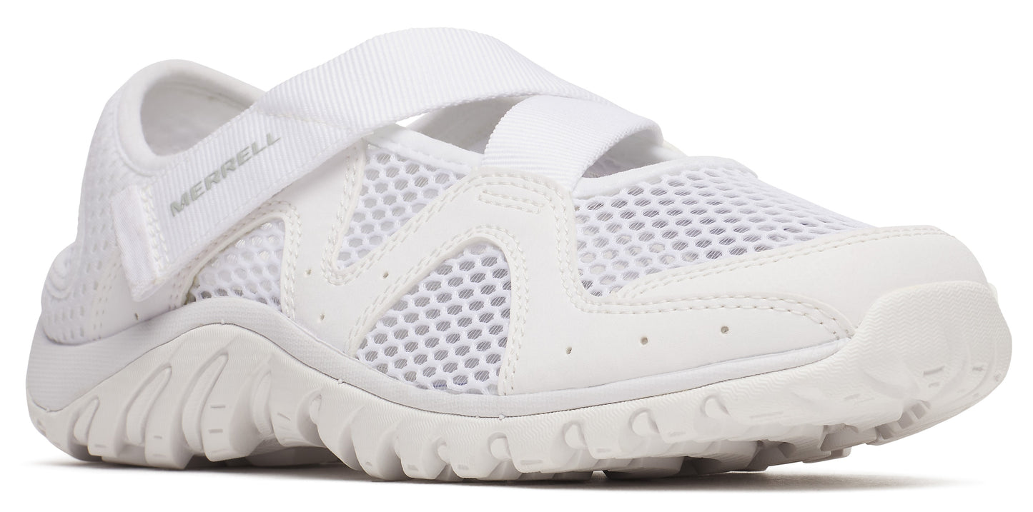 A white Mary Jane style shoe with mesh and a hook-and-loop strap.