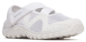 A white Mary Jane style shoe with mesh and a hook-and-loop strap.
