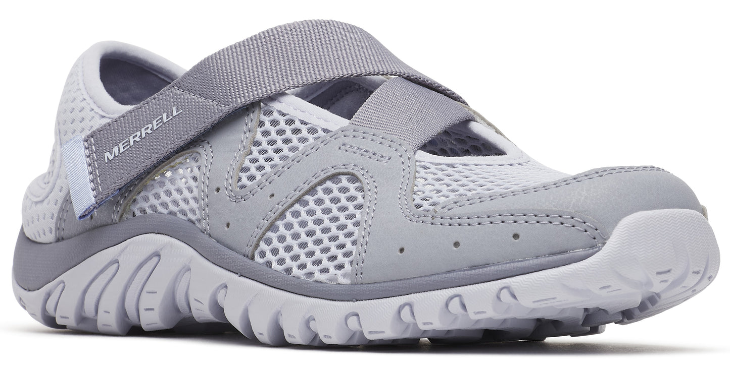 Gray mesh-covered sandal with a gray rubber sole and a gray hook and loop strap.