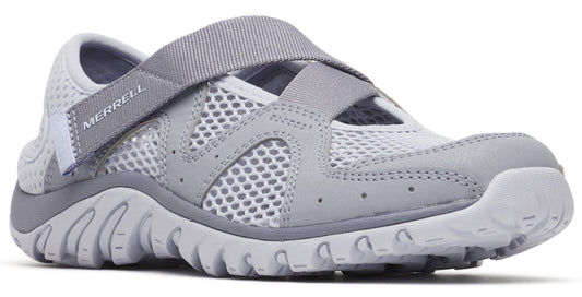 Gray mesh-covered sandal with a gray rubber sole and a gray hook and loop strap.