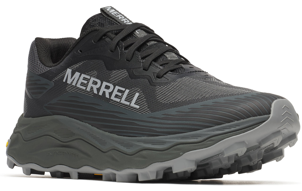 Trail running shoe featuring a black upper with 'MERRELL' in silver text, black laces, and a thick, gray jagged outsole.