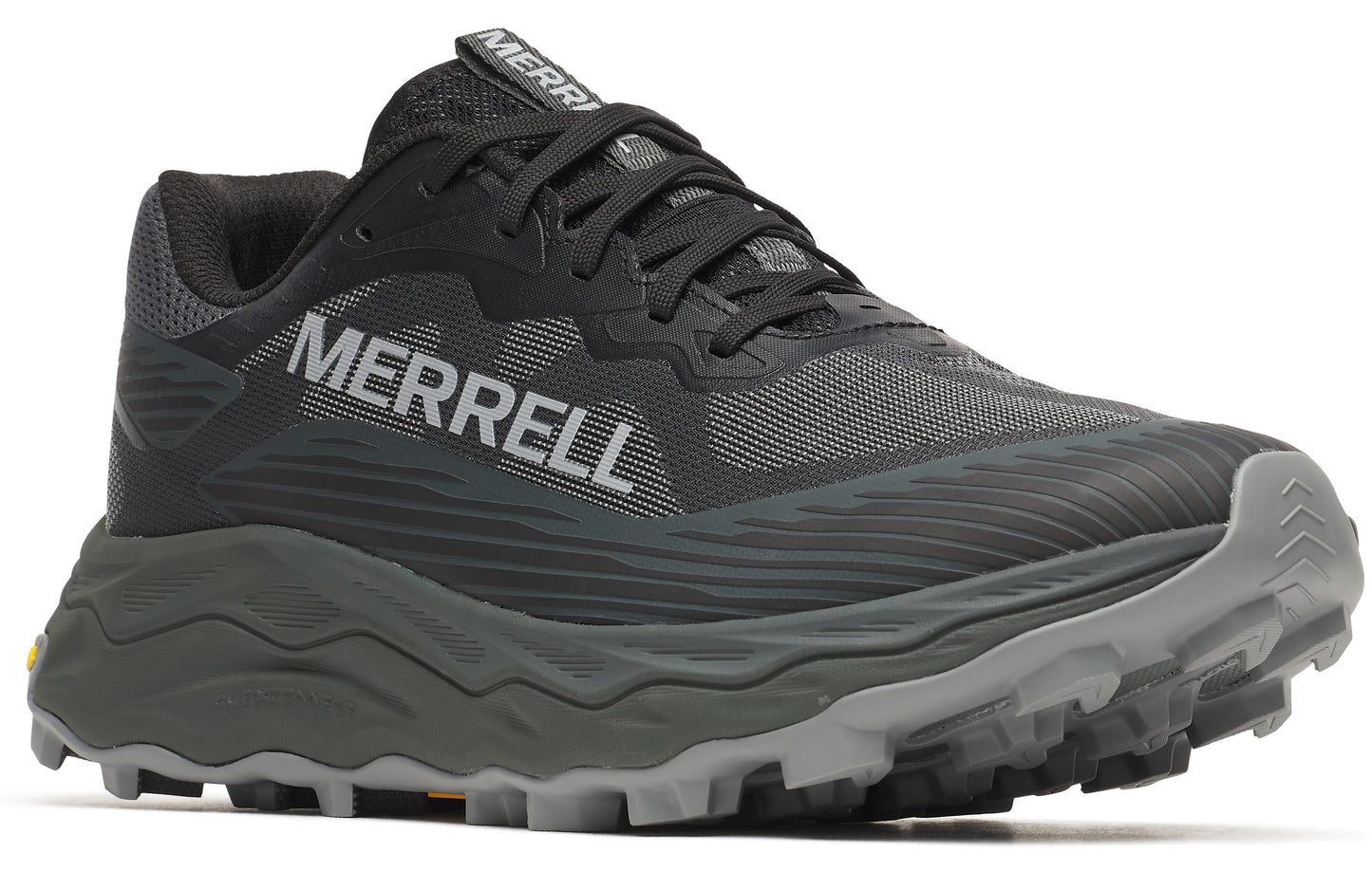 Trail running shoe featuring a black upper with 'MERRELL' in silver text, black laces, and a thick, gray jagged outsole.