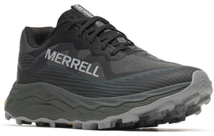 Trail running shoe featuring a black upper with 'MERRELL' in silver text, black laces, and a thick, gray jagged outsole.