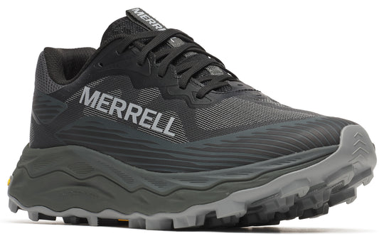 Trail running shoe featuring a black upper with 'MERRELL' in silver text, black laces, and a thick, gray jagged outsole.
