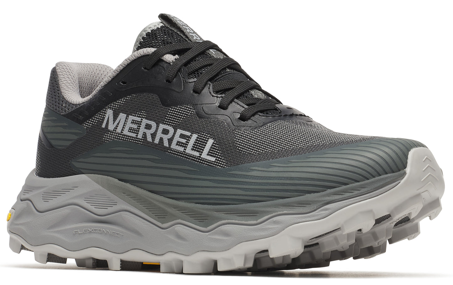 Gray and black running shoe with the word "MERRELL" printed on the side.