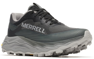 Gray and black running shoe with the word "MERRELL" printed on the side.