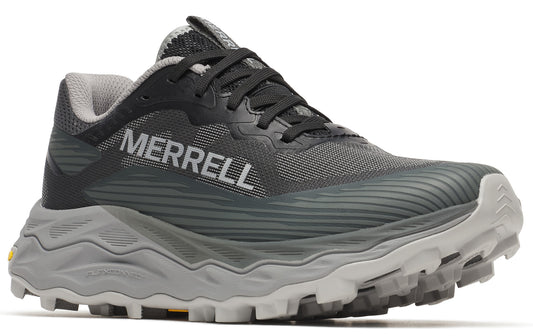 Gray and black running shoe with the word "MERRELL" printed on the side.
