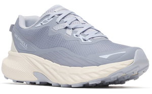 Light blue athletic shoe with a thick, rippled, cream-colored sole; laces tied.