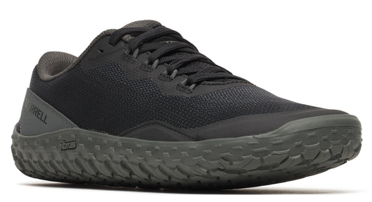 Black shoe with mesh upper and aggressive tread pattern.