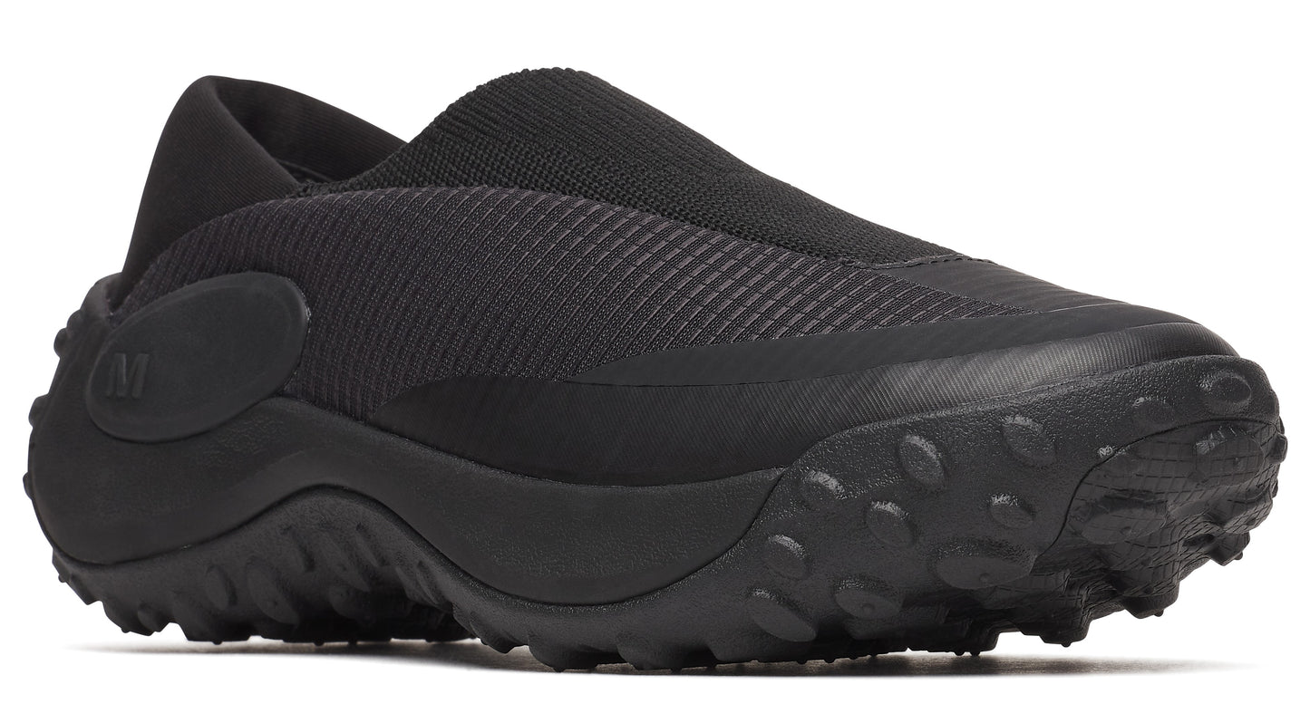 Black slip-on shoe with a thick treaded sole.