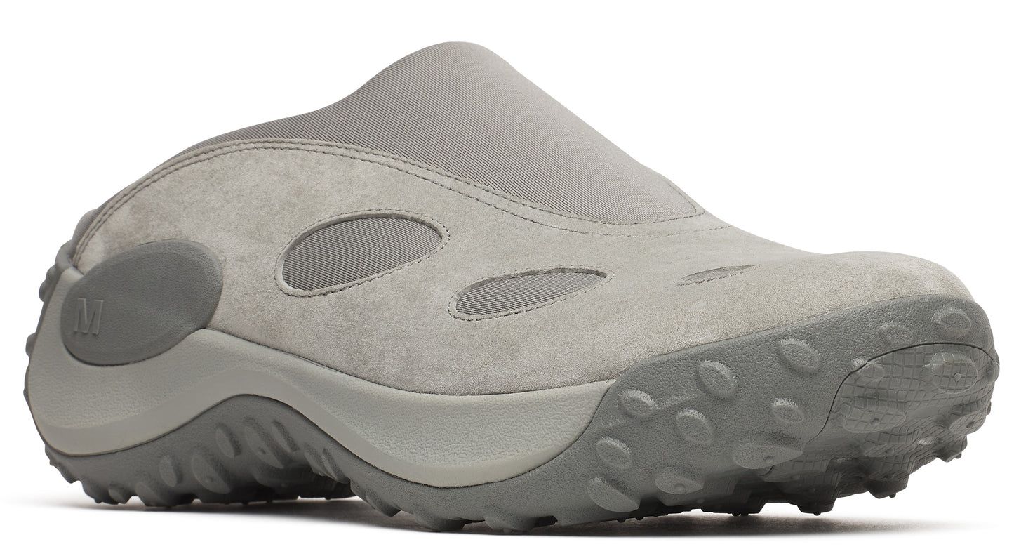 Gray slip-on clog shoe with cutouts and lug sole.