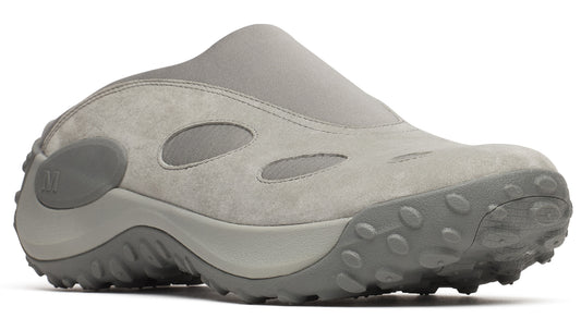 Gray slip-on clog shoe with cutouts and lug sole.