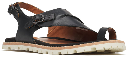 Black sandal with toe loop, buckle strap, and white lug sole.